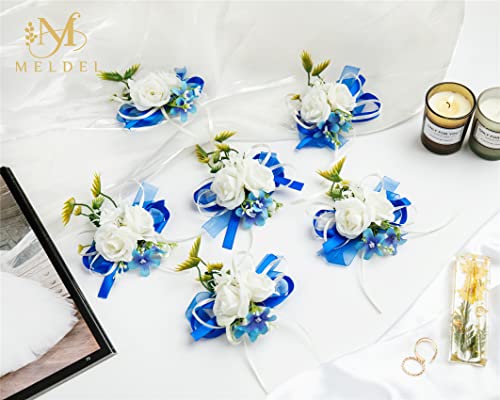 6Pcs White and Blue Artificial Rose Wrist Corsages for Wedding Prom | Faux White Roses Accented with Blue Details, Perfect for Prom, Weddings, Bridesmaids, Anniversary Formal Party and Homecoming - color: Blue1# Wrist Corsage (6 Piece)