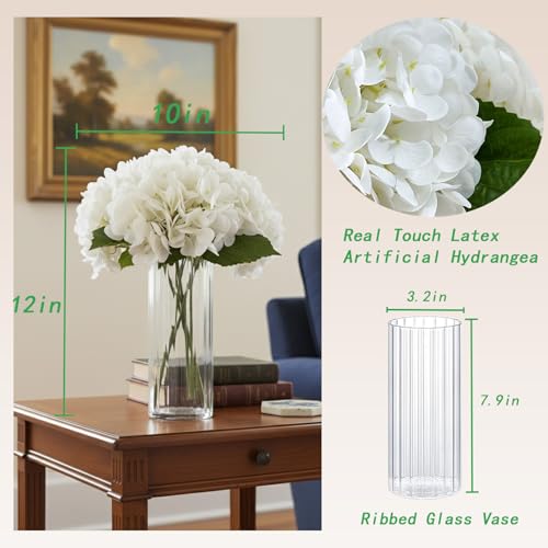 Artificial Hydrangea with Ribbed Glass Vase, 4 Stems, 12" | Real Touch Latex Faux Flowers, 10" Bloom Dia, Maintenance Free, for Table Centerpiece, Home Wedding Office Decor