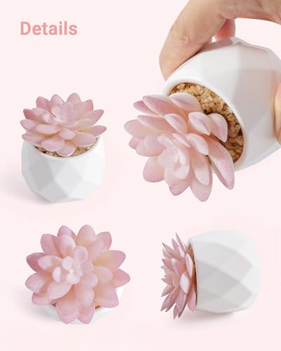 VIVERIE Mini Succulents Plants Artificial in Pots-Rose Pink, Christmas Small Fake Succulents Plants for Home Decor Indoor for Women, White Ceramic Faux Succulents, Set of 1, Gifts for Mom - color: Pink-1 Pack