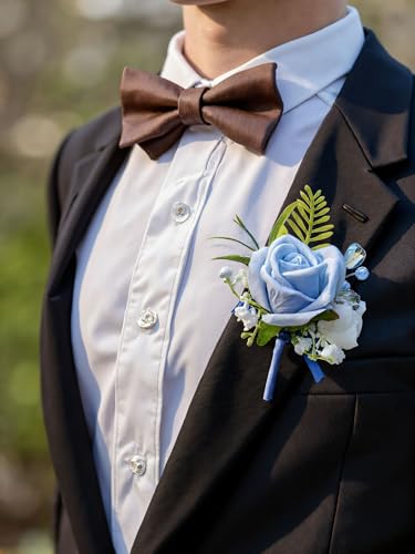 Corsage and Boutonniere Set with Blue Roses for Bride, Groom, Bridesmaids Groomsmen Weddings, Proms, Homecomings. Perfect Party Suit Decor Wedding Flowers Accessories (Blue) - color: Blue