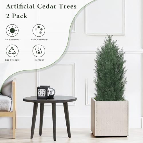 THE BLOOM TIMES 3ft Topiary Trees Artificial Outdoor Set of 2, UV Resistant Faux Cedar Pine Cypress Bushes & Shrubs, Fake Plants for Front Porch Outside Planter Patio Decor 3 Foot Tall - color: Dark Green Cedar Trees, size: 3 Foot
