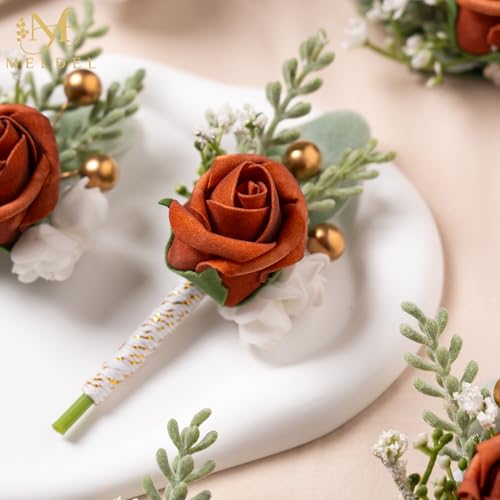 Burnt Orange Faux Foam Rose Boutonnieres for Men Wedding 6Pcs | Artificial Foam Rose Boutonnieres for Wedding Prom Groom Groomsman Ceremony Anniversary Party Suit Decoration Homecoming - color: 6pcs Orange Boutonnieres
