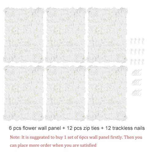 BLOSMON Flower Wall Panel Backdrop - 6 Pcs 24 x 16 Inch White Artificial Hydrangea Floral Backdrop for Wedding Party Baby Bridal Shower Decor, Hanging Fake Silk Flower Backdrop Decoration | 24 x 16 Inch Floral Wall for Wedding Party Baby Bridal Shower Dec