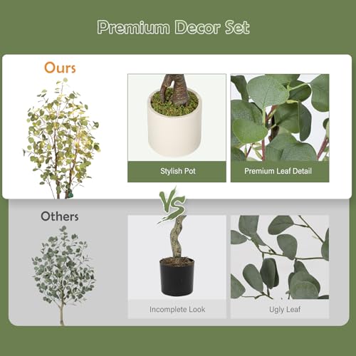 GarveeHome Artificial Eucalyptus Tree Indoor, 5 ft Tall Fake Artificial Plant with White Planter，Large Faux Floor Plant Fake Silk Trees Artificial Trees for Home Decor Indoor - size: 5ft