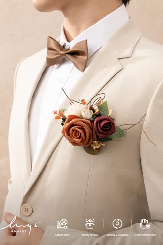 Ling's moment Pocket Boutonniere Single, Boutonniere for Men Groom for Wedding, Prom, Homecoming, Anniversary, Graduation, etc.Orange Terracotta Fall, 6" W x 5" H - color: Or-orange Terracotta Fall, size: 6" W x 5" H