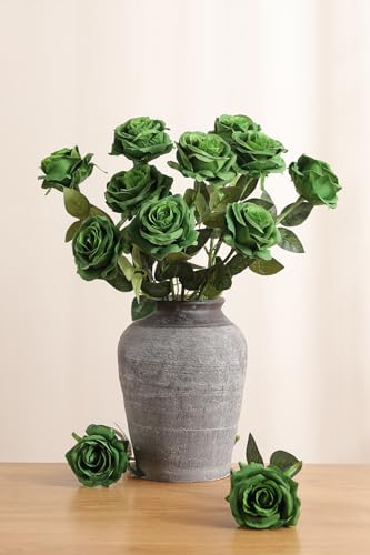 Luyue 10PCS Artificial Roses Flower with Stems Slik Fake Flowers Bouquet Realistic Long Stem Faux Rose for Valentines Day Wedding Home Decor - color: Dark Green