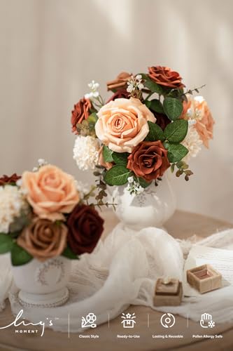 Ling's moment Artificial Flowers Fake Silk Roses Faux Foam Dahlia Combo for DIY Wedding Bouquets Centerpieces Arrangements Bridal Shower Party Home Decorations, Amber & French Orange, 24pcs - color: Or-amber & French Orange