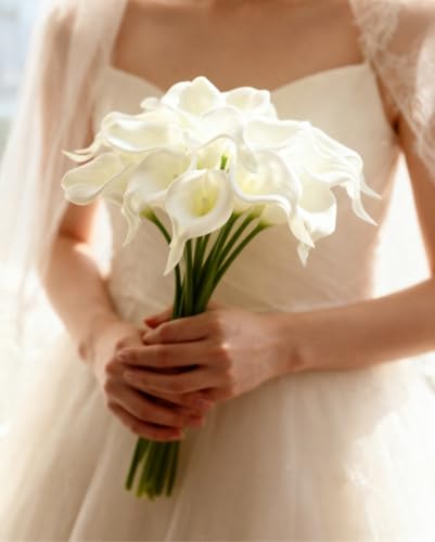 18pcs Real Touch Artificial Calla Lily Flowers for Decoration, Outdoor Wedding Bouquets, Lifelike Faux Flowers for Home, Garden, Party, and Event Decor (White) - color: White