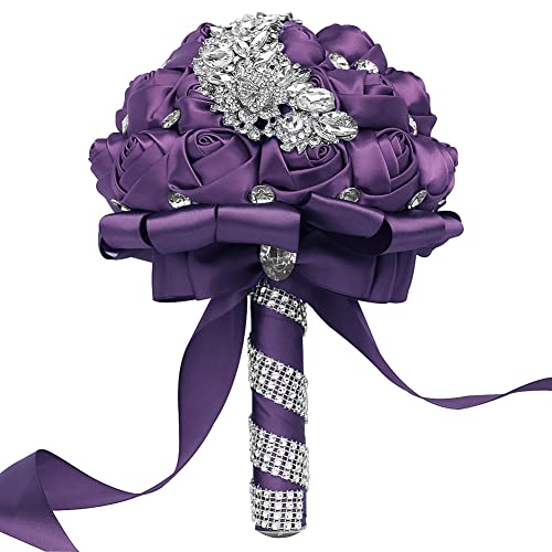 Wedding Bouquets for Bride Bridesmaid Brooch Bouquet Handmade Artificial Rhinestone Satin Rose Flower Tossing Bouquet for Wedding Ceremony Anniversary(Dark purple-15CM) - color: Dark Purple, size: 5.9''/15cm