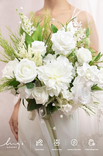Ling's moment White Wedding Bouquets for Bride, Lily of The Valley Bridal Bouquets for Bride, 15 Inch Free Form Artificial Wedding Flower Bouquet - color: Wht-lily of the Valley White, size: Medium 15 Inch