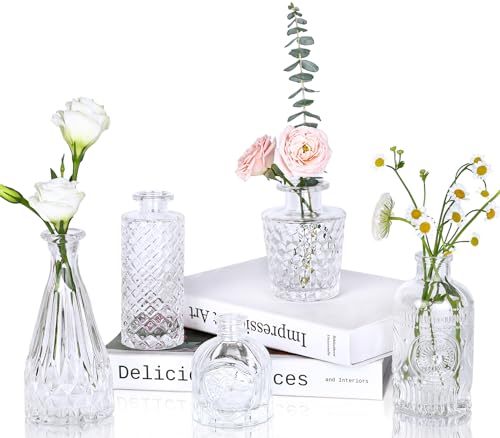 UPBUD Clear Glass Bud Vases Set of 5, Mini Flower Vase for Centerpieces, Small Clear Vases in Bulk for Wedding Decorations, Vintage Vase for Table, Recepetion, Home Décor - color: Standard-clear, size: 5pcs