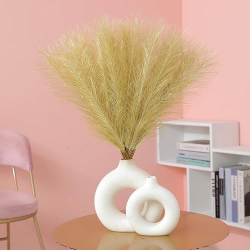 Ureymx Faux Pampas Grass Decor 17.7 Inch 30pcs, Artificial Pompas Grass Bulk Artificial Dried Flower Small Vase Filler for Boho Home Wedding Decoration (Gold) - color: Gold, size: 17 Inch 30 Pcs
