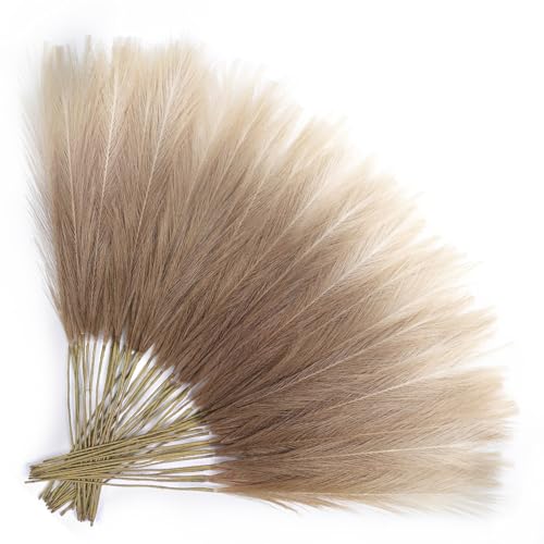 TORONTOKYO Brown Pampas Grass Decor, 50Pcs 21.6 inch Artificial Faux Brown Pompas Grass Small Short Fluffy Arrangement for Wedding Boho Home Decor Vase Filler - color: Beige Brown Gradient, size: 21.6inch-50Pcs