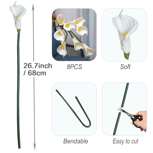 8 Pcs Calla Lily Artificial Flowers 26 Inch Lilies Flowers Floral Bouquet for Home Table Party Wedding Decor (White) - color: White
