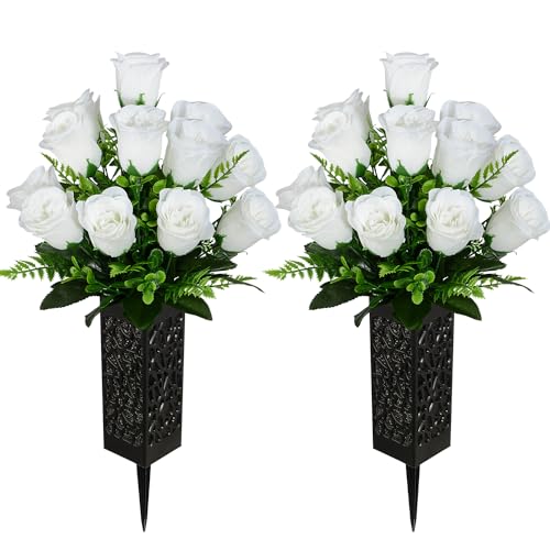 Artificial Cemetery Flowers, Grave Memorial Flowers, Set of 2 Artificial Rose Bouquet with Vase for Cemetery Headstones Gravesites Decoration (White) - color: White