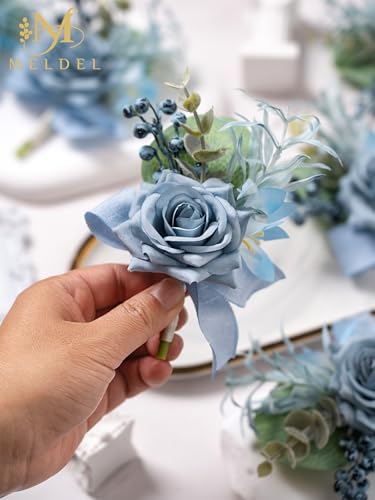 Dusty Blue Corsage and Boutonniere Set, Rose Boutonniere for Men, Prom Flower Wrist Corsage Bracelets, Homecoming Corsages Wristlet, Men Boutonnieres for Wedding Flowers Accessories Prom Suit - color: Blue Wrist Corsage and Boutonniere Set