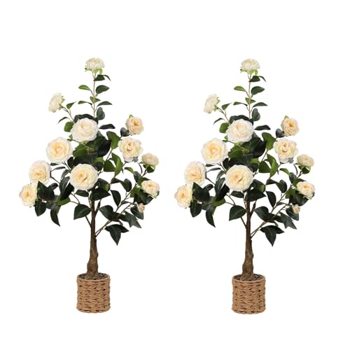 2Pack Artificial Camellia Tree, 3Ft Faux Yellow Camellia Plant in Pot, Fake Outdoor Tree Camellia Flower Tree for Home Office Living Room Floor Indoor Decor - color: Yellow