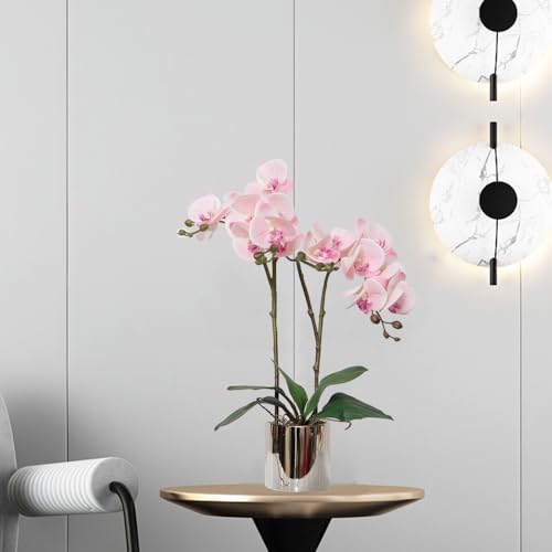 CXGS Artificial Orchid Flower Plant Real Touch Faux Orchids in Ceramic Vase Pink 19.7'' Fake Phalaenopsis Flower Arrangement Centerpiece Home Indoor Decor - color: Pink- Silver