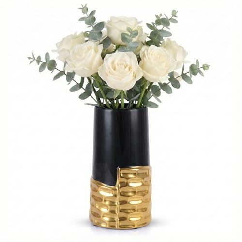 LCCCK 7.0" Gold Hammered Vase Home Decor, Elegant Ceramic Black and Gold Flower Vase for Pampas Grass Decorative, Boho Small Cylinder Vases Centerpiece, Dining Table Living Room Jarrones Art - color: Black and Gold