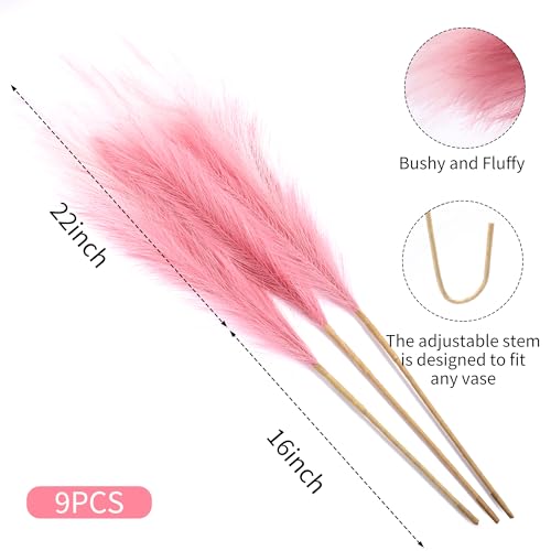 Wertuirk 9 Stems Pink Pampas Grass - 38 Inch Large Fluffy Faux Pompous Grass Decor, Long Artificial Colored Pompas Floral for Vase Filler, Wedding Centerpieces and Home Decor (Pink) - color: Pink