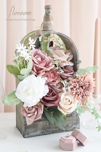 Floroom Dusty Rose Mauve Artificial Flowers Fake Roses Peony and Greenery Combo Box Set for DIY Wedding Bouquets Bridal Shower Centerpieces Floral Arrangements Party Tables Home Decorations - color: Vintage Dusty Rose