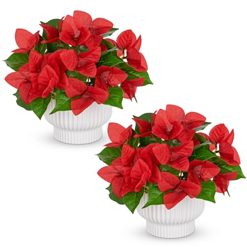 Artificial Small Bougainvillea Plant, Set of 2 Fake Bougainvillea Flower Potted Plant for Indoor Home Living Room Office Wedding Party Tabletop Decoration, Red - color: Red