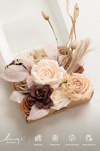 Ling's moment Fake Flowers Box, Faux Artificial Greenery Stems Foam Roses Gardenia Silk Peony Pampas Fabic Flower for Centerpieces Bouquet Wedding Vase Floral Decorations, Boho & Sepia, Mini Combo - color: Boho & Sepia