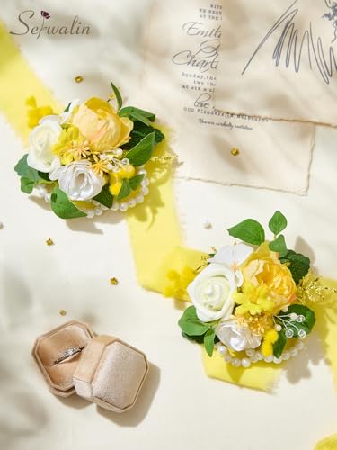 Serwalin 2 Pcs Wrist Corsage, 6-7 Inch Yellow Corsage for Wedding, Bridesmaid Mother Grandmother, Artificial Flowers for Prom Ceremony Anniversary - color: Yellow, size: Corsage-2pcs