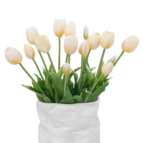 15 Pcs Off White Artificial Tulips Fake Flowers, Premium Latex Lifelike Texture, UV Resistant Waterproof Faux Tulip Bouquets with Snap-on Petals for Outdoor, Home, Wedding Decor - color: Cream