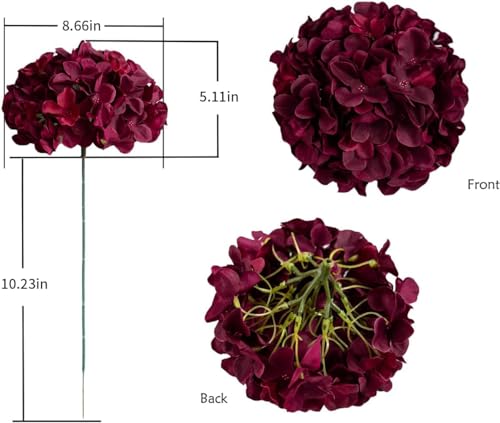 DuHouse 8.7" Silk Hydrangea Artificial Flower Heads with Stems Fake Hydrangeas Flowers for DIY Wedding Centerpiece Home Decor,Pack of 6 (Burgundy) - color: Burgundy