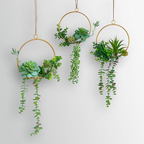 Artificial Succulents Wreath Set of 3 Hanging Gold Geometric Garland Greenery Wall Decor Backdrop