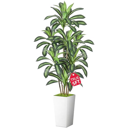Dracaena Artificial Plant, 5FT Tall Artificial Plants Indoor Dracaena Tree in Pot, Fake Floor Plant for Living Room Decor, Artificial Tropical Plants Outdoor Porch Decor Office(White, 5FT) - color: White, size: 5FT