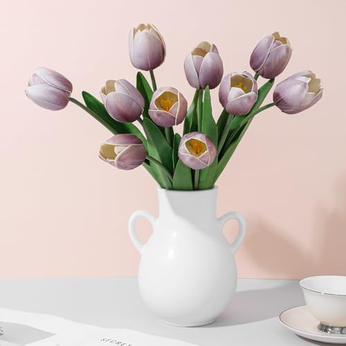 Lavender Mist Fake Tulips,18.5" PU Artificial Tulips Flowers for Spring Easter Home Kitchen Wedding Bouquet Bulk Mother's Gift Day Decorations - color: Lavender Mist