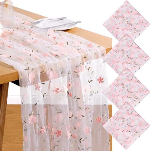 4 Pack Embroidery Floral Table Runner Rustic Spring Summer Wildflower Tulle Table Runner Vintage Flower Kitchen Dining Tabletop Runners Decoration for Home Wedding Party, 108x24.5 Inch (Pink Flowers) - color: Pink Flowers-4, size: 108*24.5 inch