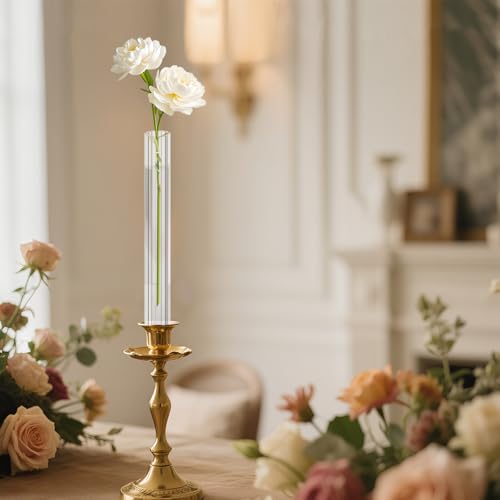 6 Pack 7.9” Acrylic Bud Vase — Striped Cylinder Bud Vase for Taper Candlesticks, Flower Vase with Silicon Rubber Case Fits Candlestick Size 20-22mm, Perfect for Tablescapes, Weddings & Home Decor - size: 6 PC Striped