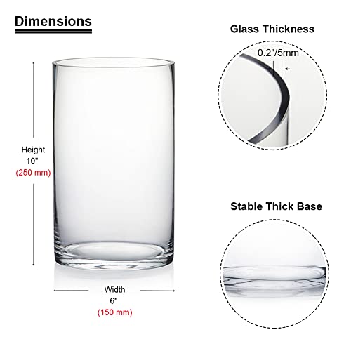 Enova Floral Clear Glass Cylinder Vase 6 x 10 Inches Round Flower Vase, Pillar Candle Floating Candle Holder Vase, Tall Glass Vase for Flowers, Glass Vase for Decor, Wedding Centerpieces (1 Piece) - size: 6W x 10H