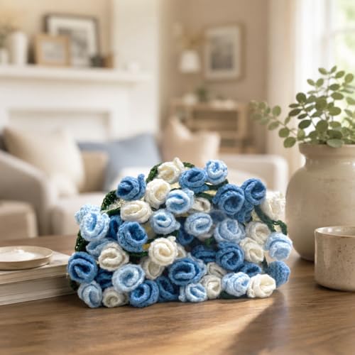 Crochet Flower Bouquet Throw Blanket, Cute Romantic Gift for Her Girlfriend Mom Mother’s Day Valentine Wedding Anniversary Birthday (Blue, 32 inches) - color: Blue, size: 32 inches