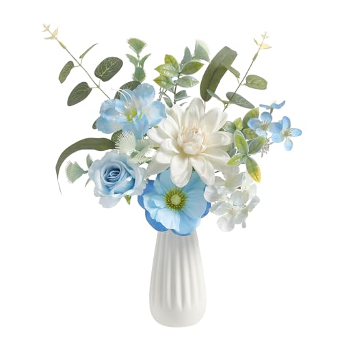Small 11.8" Artificial Flowers in Ceramic Vase - Blue Silk Flower Centerpiece for Dining Table, Office, Wedding & Farmhouse, Home Decor Gifts - color: Blue