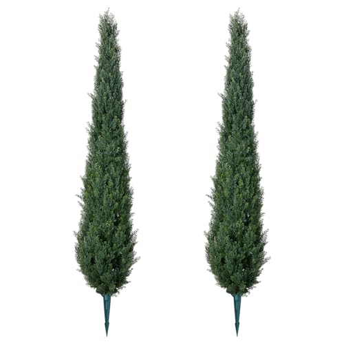 VeriNatural 60'' Artificial Cedar Topiary Trees with Ground Spike, Set of 2 - Realistic Faux Cypress Plants, UV Resistant Fake Pine Shrubs for Indoor Outdoor Porch Garden Decor - size: 60in