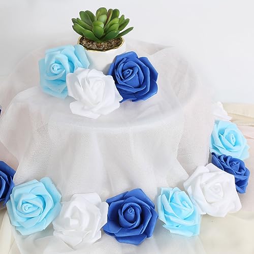 100pcs Blue Artificial Rose Flower Heads, 3inch White Foam Roses Bulk Stemless Fake Flower Heads for DIY Crafts,Cake Decoration Wedding,Baby Shower Flower Centerpieces(Shades of Blue) - color: Shades of Blue
