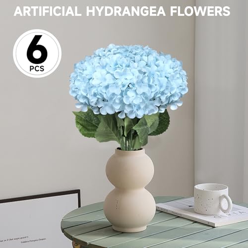 6 PCS Artificial Hydrangea Flowers, Faux Silk Hydrangea with Long Stems, Home Wedding Decor, Table Centerpieces, Party Decorations(Light Blue) - color: Light Blue