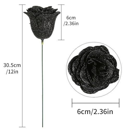 Roses Artificial Flowers,30PCS Black Glitter Roses Silk Roses for Wedding Bouquet Party Christmas Home Decor(Black) - color: Black