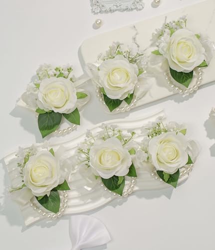 10 Pcs Ivory White Rose Wrist Corsages for Wedding Prom Party | Bride Bridesmaids Corsages, Pearls Wrist Flower for Prom Homecoming Party, Wrist Corsage for Mother of Bride and Groom - color: White Wrist Corsage 10pcs