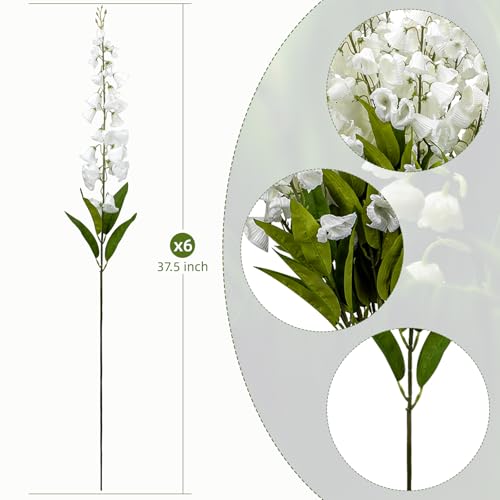 6 Pcs 37.5inch Lily of The Valley, Artificial Faux White Lily of The Valley Flowers Wind Chime Orchid Wedding Bouquet Flower for Home Garden Wedding Party Decor