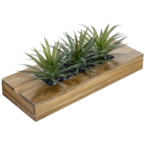 MyGift 15 Inch Large Artificial Green Grass Plants in Premium Acacia Solid Wood Decorative Planter, Tabletop Faux Greenery Decor with Wooden Rectangular Container - color: Brown, size: 15 Inch