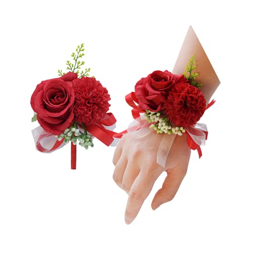 Rikyo 2 Pack Flower Wrist Corsage Boutonniere Set,3" Artificial Rose and Carnation Handmade Silk Flower for Wedding Flowers Accessories Prom Suit Decor (Red) - color: Red
