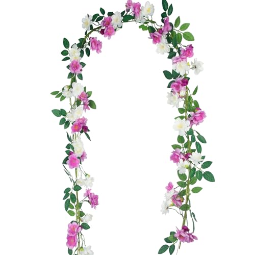 2 Pcs Artificial Flowers Garland for Outdoors Faux Gardenia Garland 12Ft Purple and White Silk Rose Hanging Vines Floral for Wedding Arch Party Wall Garden Ceremony Backdrop Fence Spring Decor - color: Purple and White