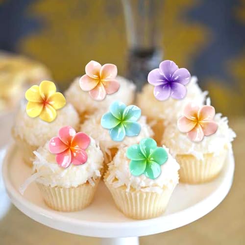 24Pcs Colorful Resin Frangipani Cupcake Toppers Hawaii Flowers Table Confetti for Floral Bridal Engagement Wedding Anniversary Party Hawaii Baby Shower Birthday Cupcake Picks Supplies - color: Frangipani