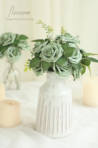 Floroom Artificial Flowers 25pcs Real Looking Emerald Green Ombre Colors Foam Fake Roses with Stems for DIY Wedding Bouquets Bridal Shower Centerpieces Sage Green Floral Arrangements Tables Decoration - color: Shades of Emerald & Tawny Beige