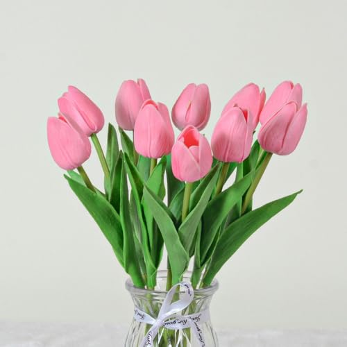 Artificial Flowers Tulips Fake Flowers Real Touch Latex Tulips Faux Flowers Bouquet for Wedding Party Arrangements Home Decor and Baby Shower Centerpieces (10, Deep Powder) - color: Deep Powder